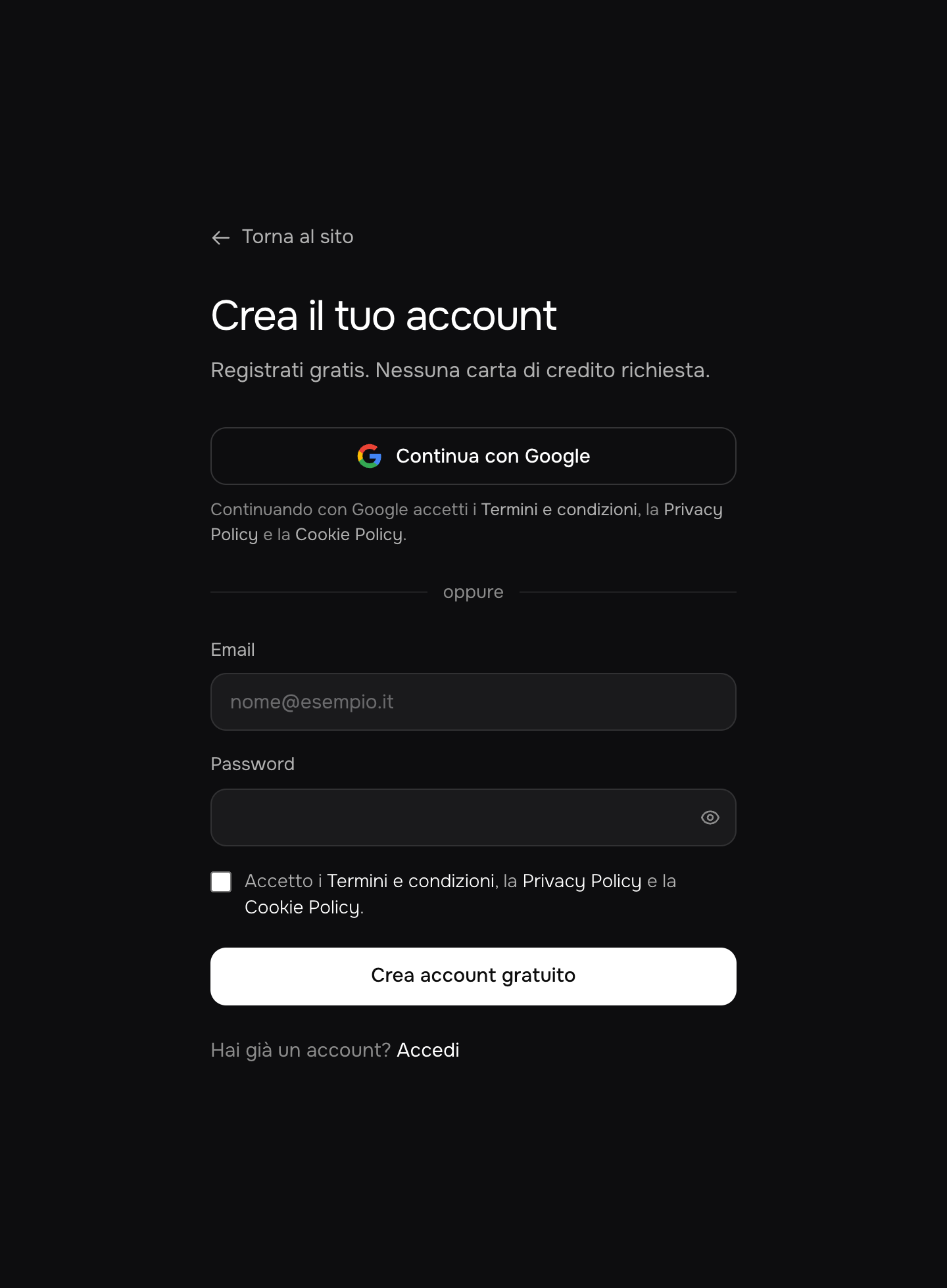 Schermata di registrazione LEXABLE, account gratuito senza carta
