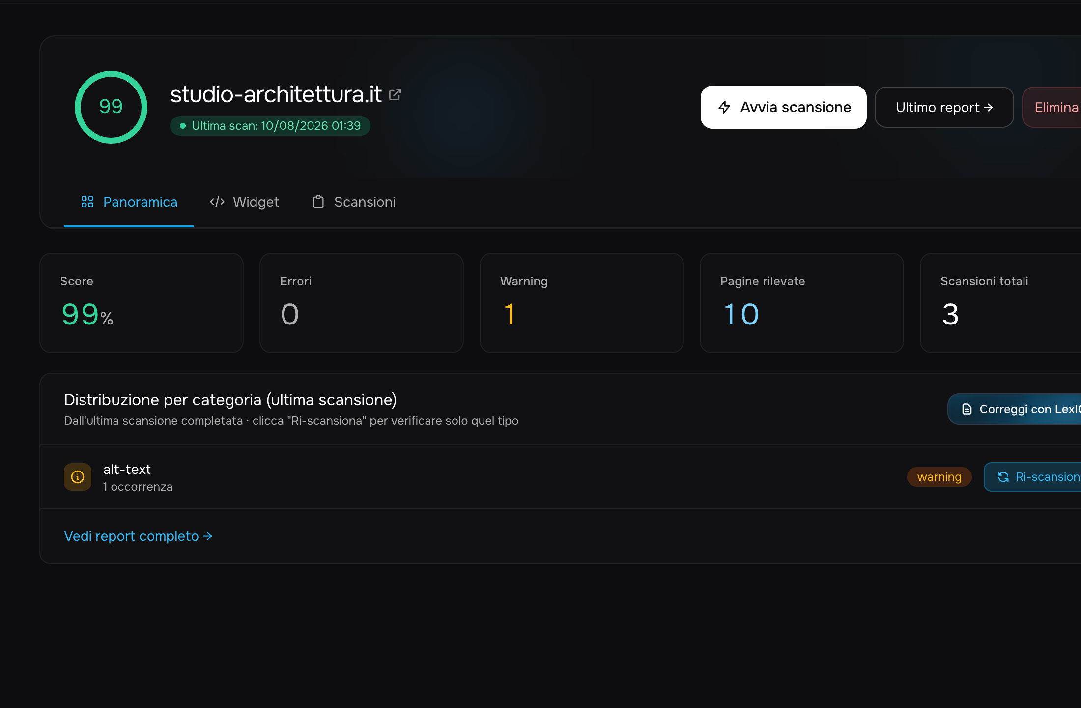 Scheda sito con score e pulsante Avvia scansione