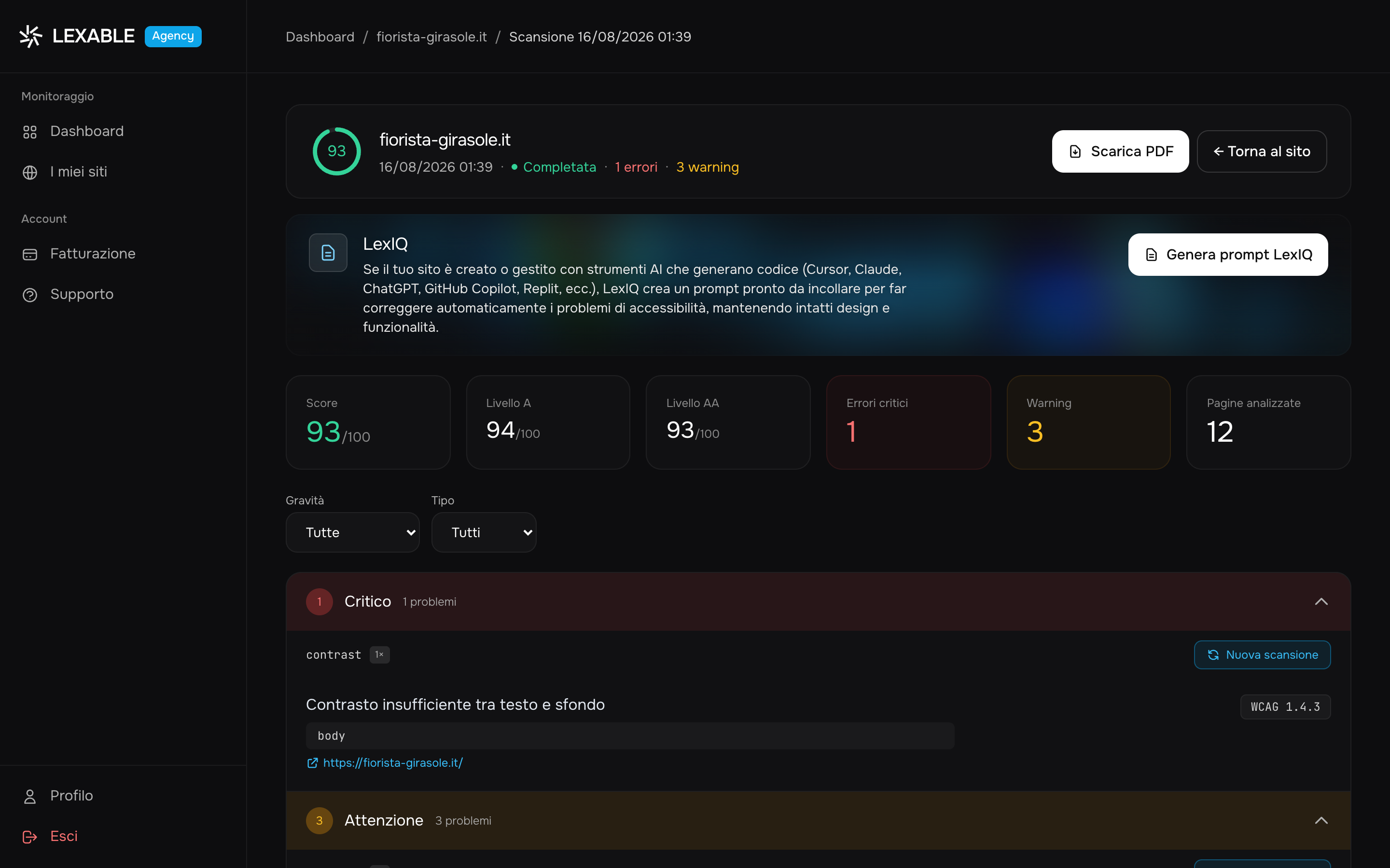Report di scansione LEXABLE con score WCAG, errori e warning