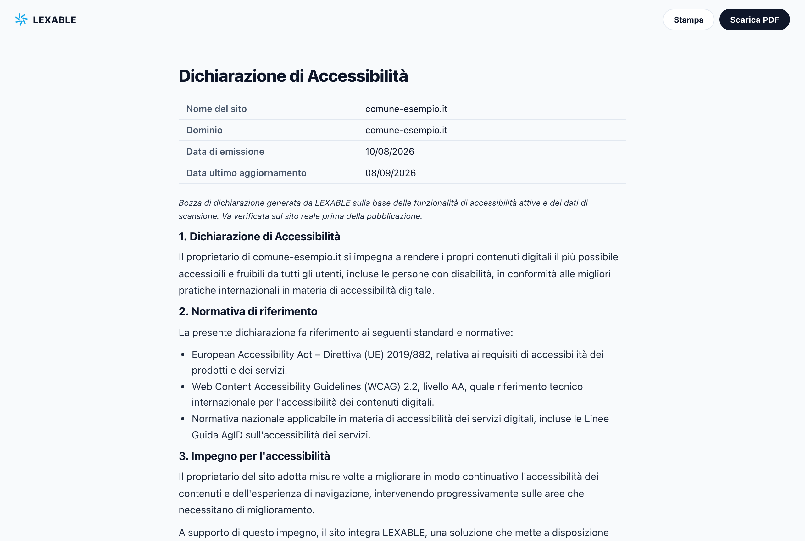 LEXABLE accessibility statement draft aligned with EAA and AGID