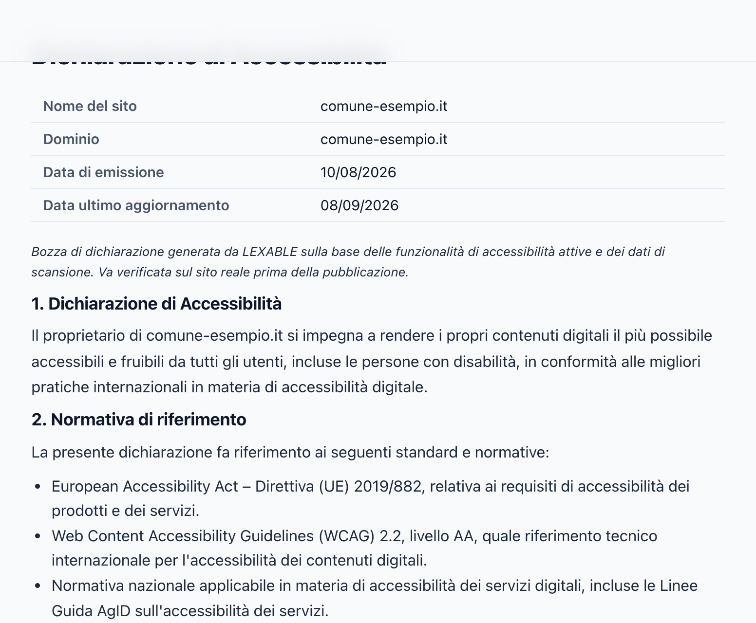 Intestazione della dichiarazione con nome sito, dominio e date