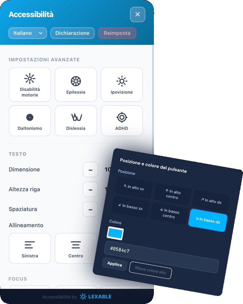 Anteprima widget accessibilità LEXABLE con pannello impostazioni e selezione posizione