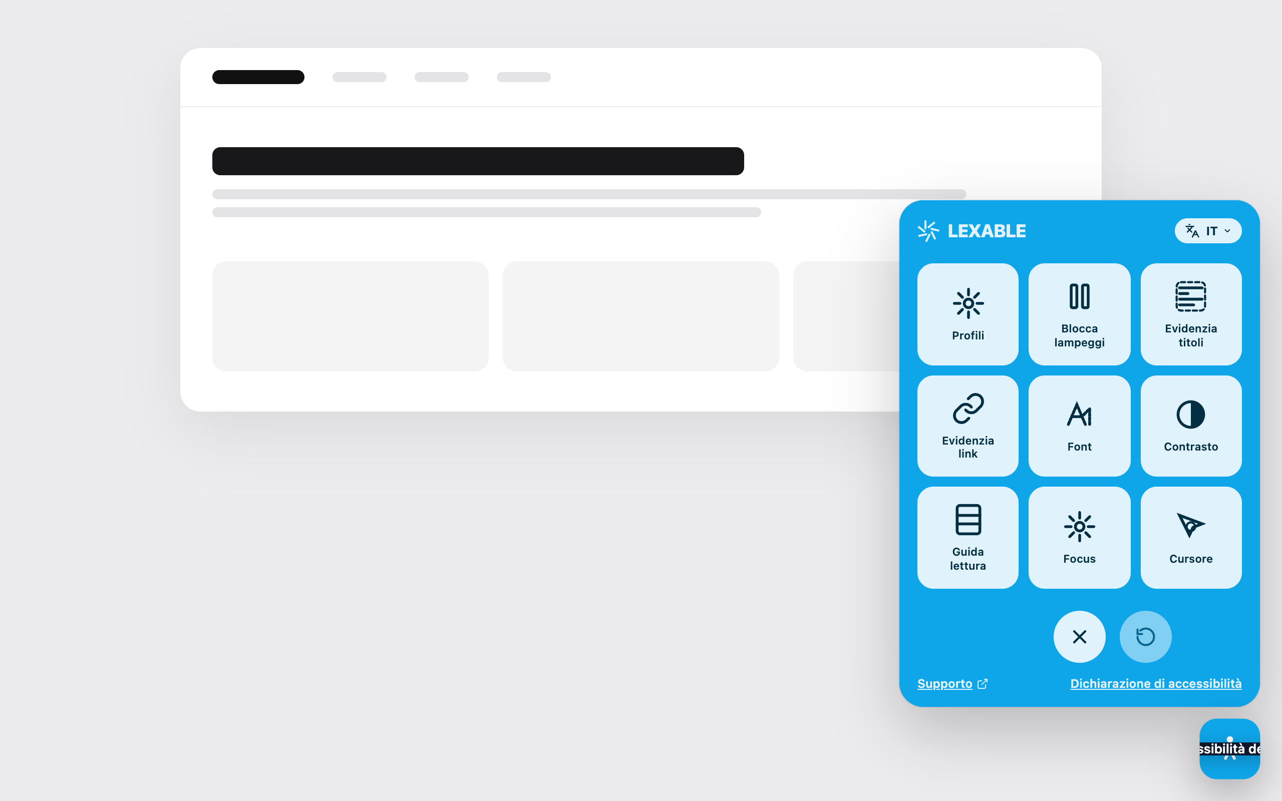 Widget LEXABLE aperto sul sito, con pulsante di accessibilità in basso a destra